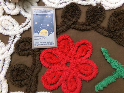 Chocolate Brown Vintage Chenille Bedspread Fabric, cherry red flowers & white swirls sewing material, 20" x 24"