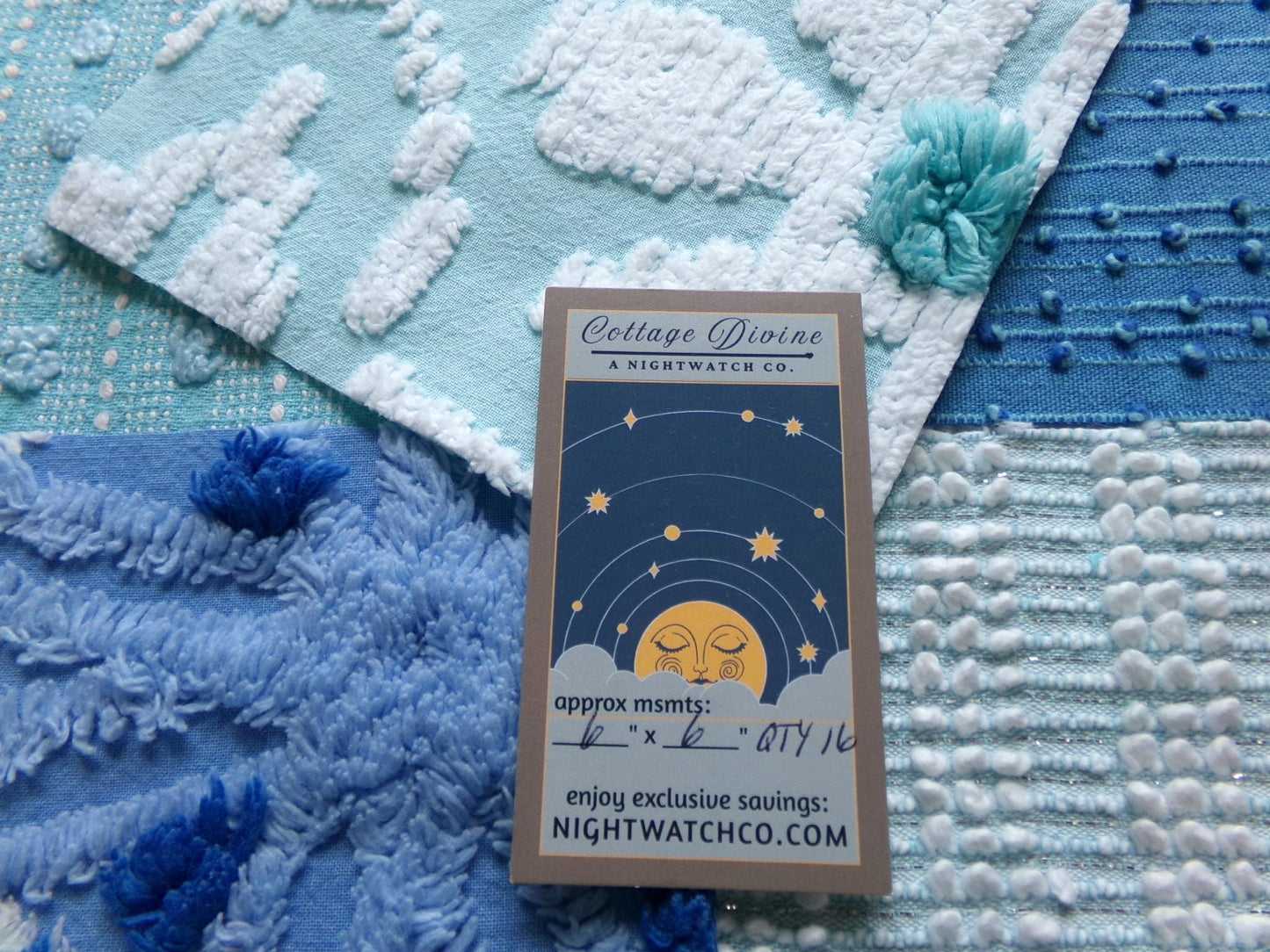 coastal fresh vintage chenille fabric squares, set of 17 blue & aqua 6" quilt blocks for sewing