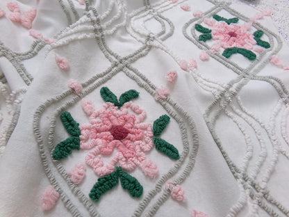 Romantic Rose Vintage Chenille Bedspread Fabric Dove Grey, Pink White Quilt Material 16" x 24"