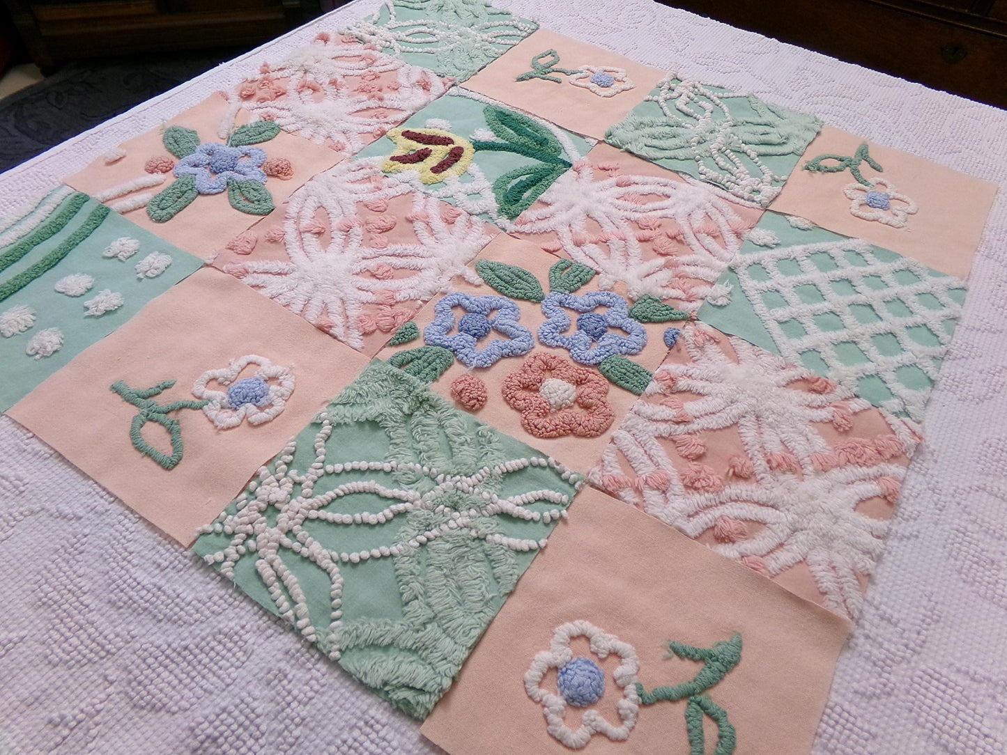 vintage chenille fabric squares, "garden lady" peach & green florals, set of 16 quilt blocks 6" each