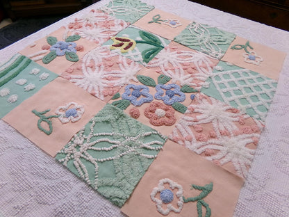 vintage chenille fabric squares, "garden lady" peach & green florals, set of 16 quilt blocks 6" each