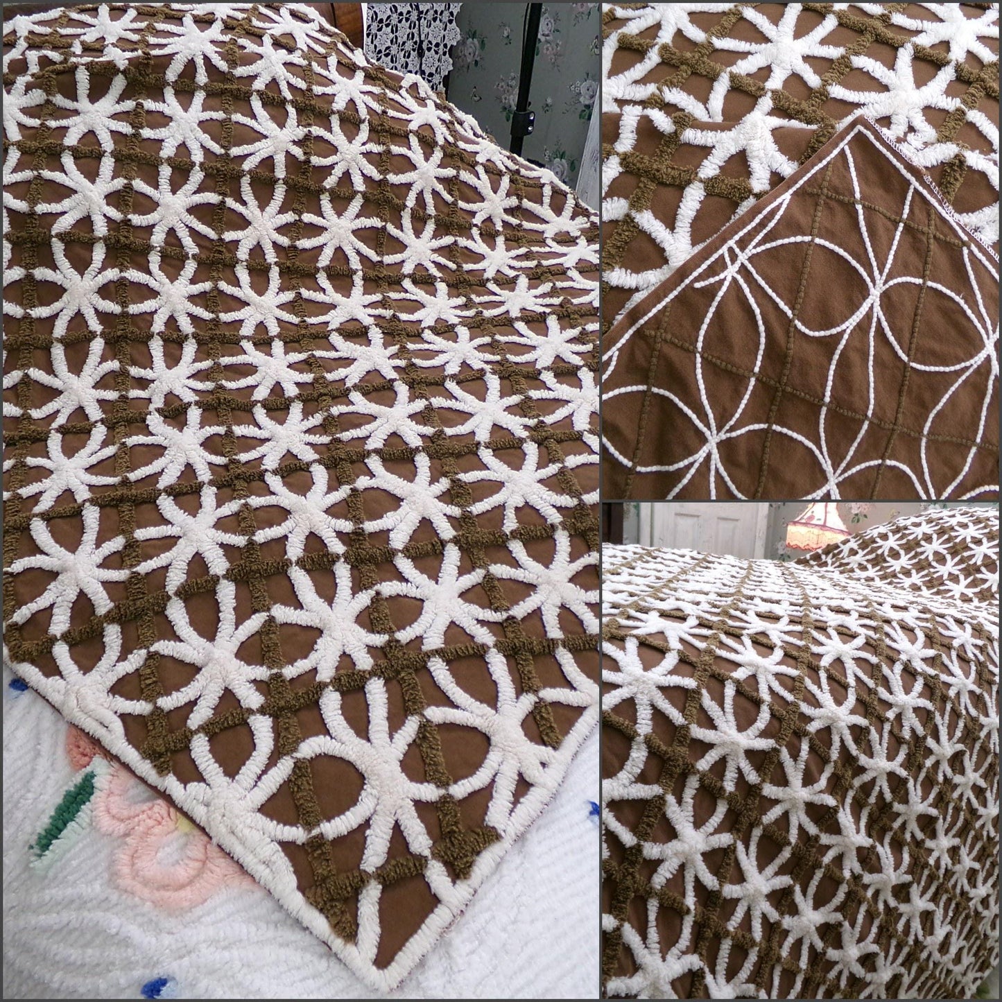 Vintage Chenille Bedspread: Chocolate Cookies Brown Full Size Cotton Bedding