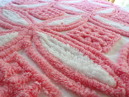 Super Plush Pink & White Chenille Fabric, 18" x 24"-inch Piece, Geometric Print, Vintage 100% Cotton