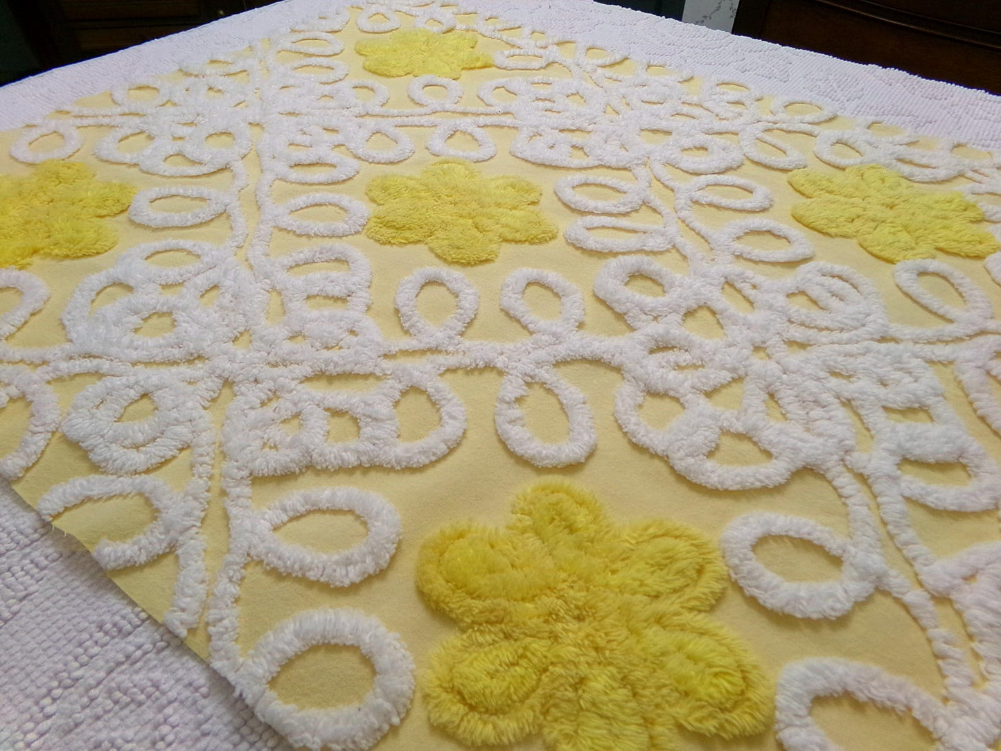 Sunny Yellow Daisy Vintage Chenille Fabric, White Swirl Sewing Quilt Material, 20" x 24"