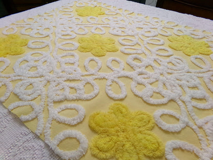 Sunny Yellow Daisy Vintage Chenille Fabric, White Swirl Sewing Quilt Material, 20" x 24"