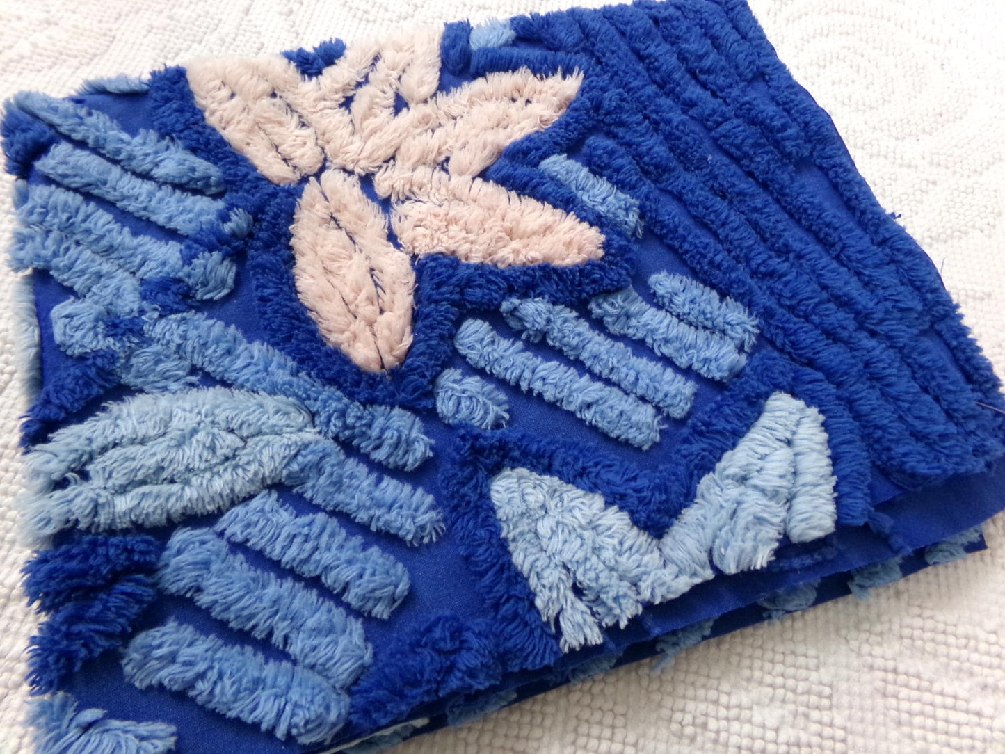 mystical blue vintage chenille bedspread fabric, plush lux star lily florals, 18" x 22" piece