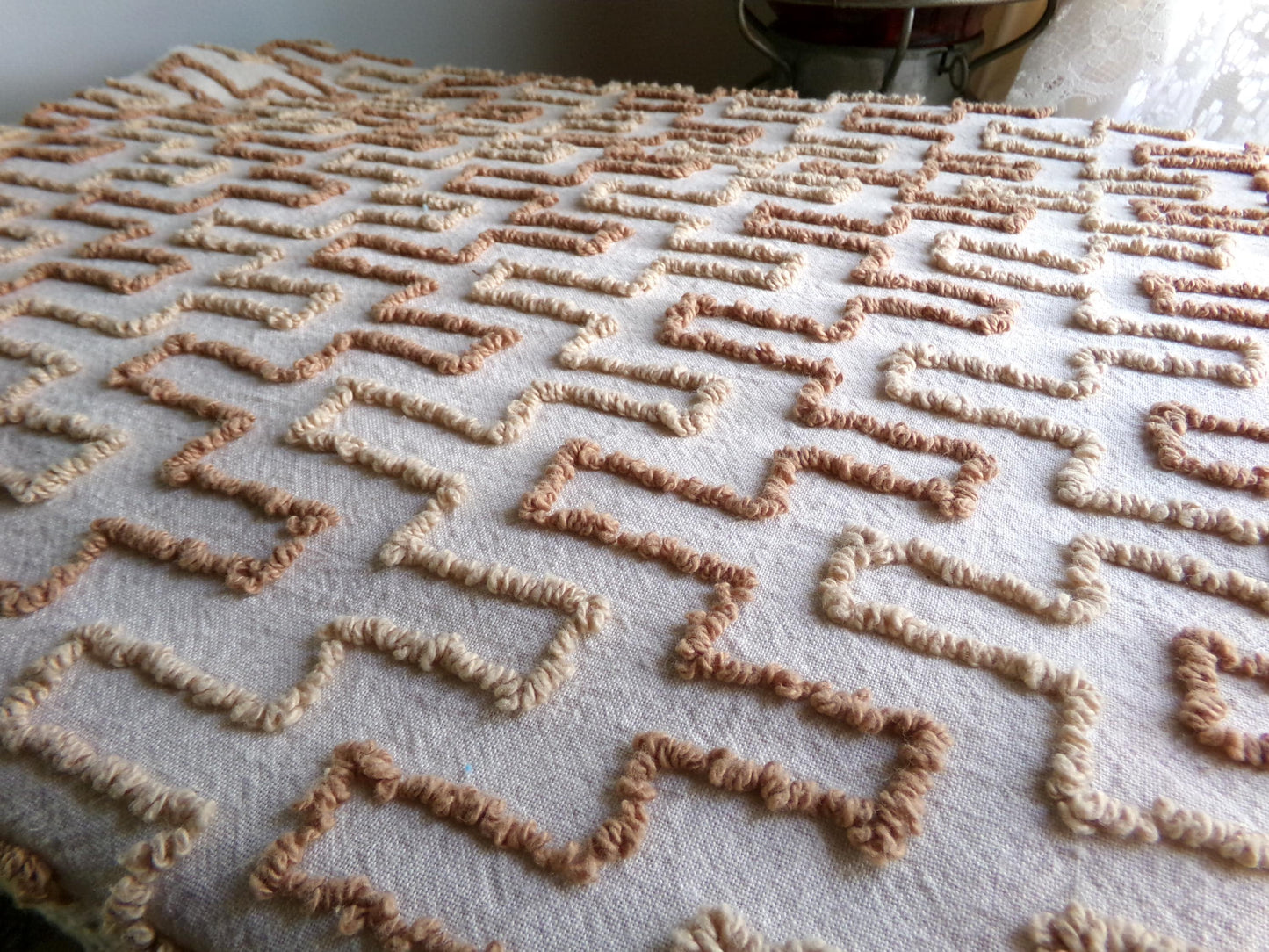 fantasy pyramids boho chenille fabric, retro earthtone brown vintage 18" x 24" piece of cotton quilt material for crafts & sewing