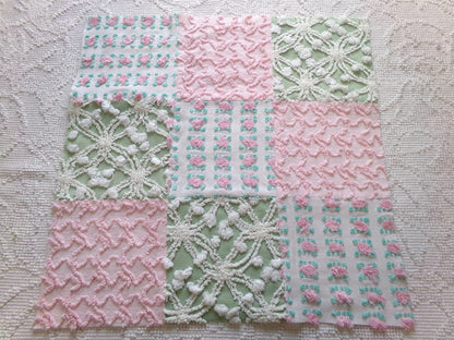 Vintage Patchwork Chenille Fabric Craft Panel, 16" Square, Cottage Style DIY Pillows