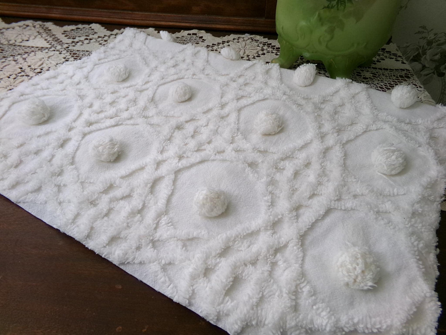 Vintage Chenille Bedspread Fabric, Plush Blue Flowers White Curlicues, 18x24" Piece