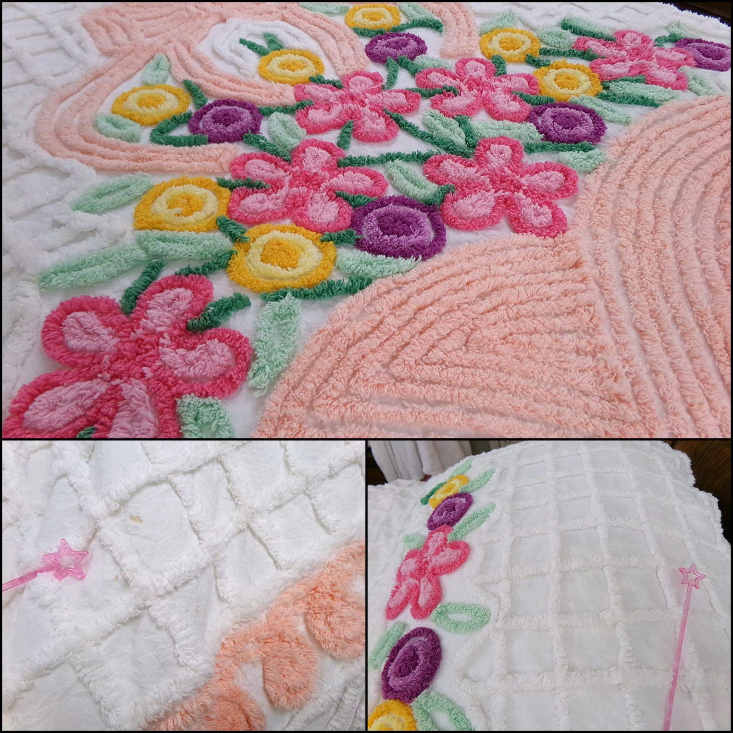 Basket of Happiness Vintage Chenille Bedspread Cheerful Cottage Hearts, Full Size