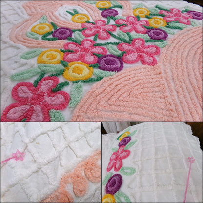 Basket of Happiness Vintage Chenille Bedspread Cheerful Cottage Hearts, Full Size
