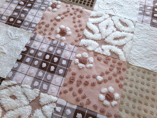 vintage 6" chenille squares, "boho girl" set of 16 quilt blocks, rotary cut from vintage chenille & matelasse bedspread fabrics