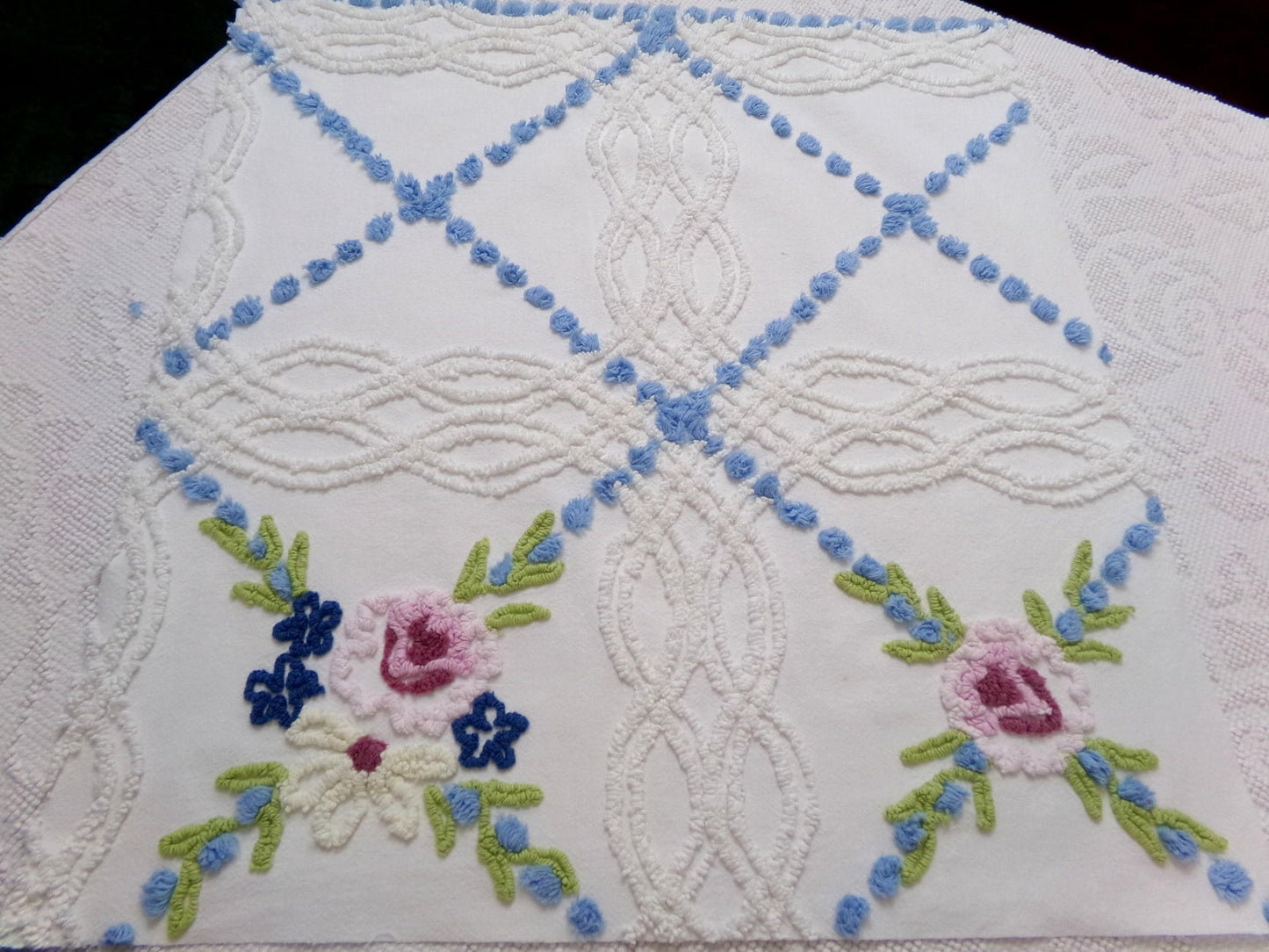 Shabby Coastal Vintage Chenille Fabric, Blue & White Floral Sewing Material 21" x 23" Piece