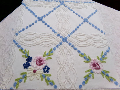 Shabby Coastal Vintage Chenille Fabric, Blue & White Floral Sewing Material 21" x 23" Piece