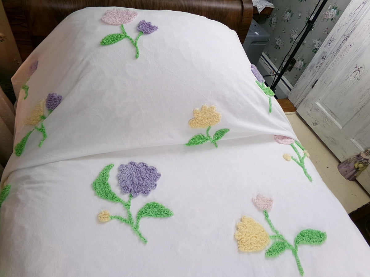 Y2K Vintage Style Chenille Bedspread, Summer Floral Burst TWIN Coverlet