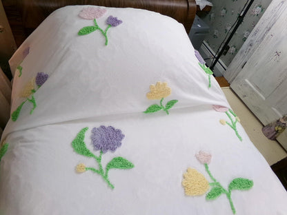 Y2K Vintage Style Chenille Bedspread, Summer Floral Burst TWIN Coverlet
