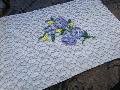 Quiet Midnight Blue Vintage Chenille Fabric, Floral 16" x 24" Piece w/ unique chain link design