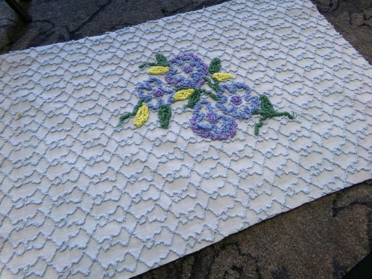 Quiet Midnight Blue Vintage Chenille Fabric, Floral 16" x 24" Piece w/ unique chain link design