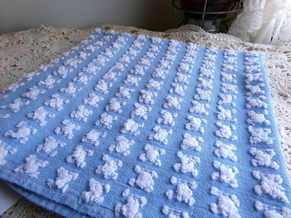 White Rosebud Vintage Chenille Fabric Piece, Beyond Beautiful Blue Rose Material for Quilts & Pillows, 24" x 20" inches