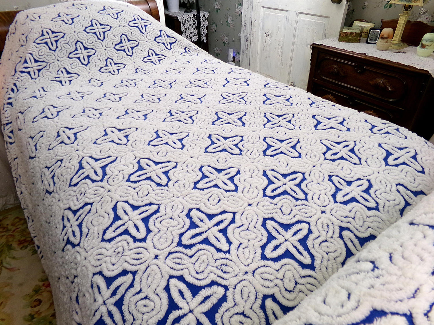 Mystic Gothic Cross Vintage Chenille Bedspread, Plush White Tufting on Cobalt Blue, 100% Cotton Luxury Full Size Bedding