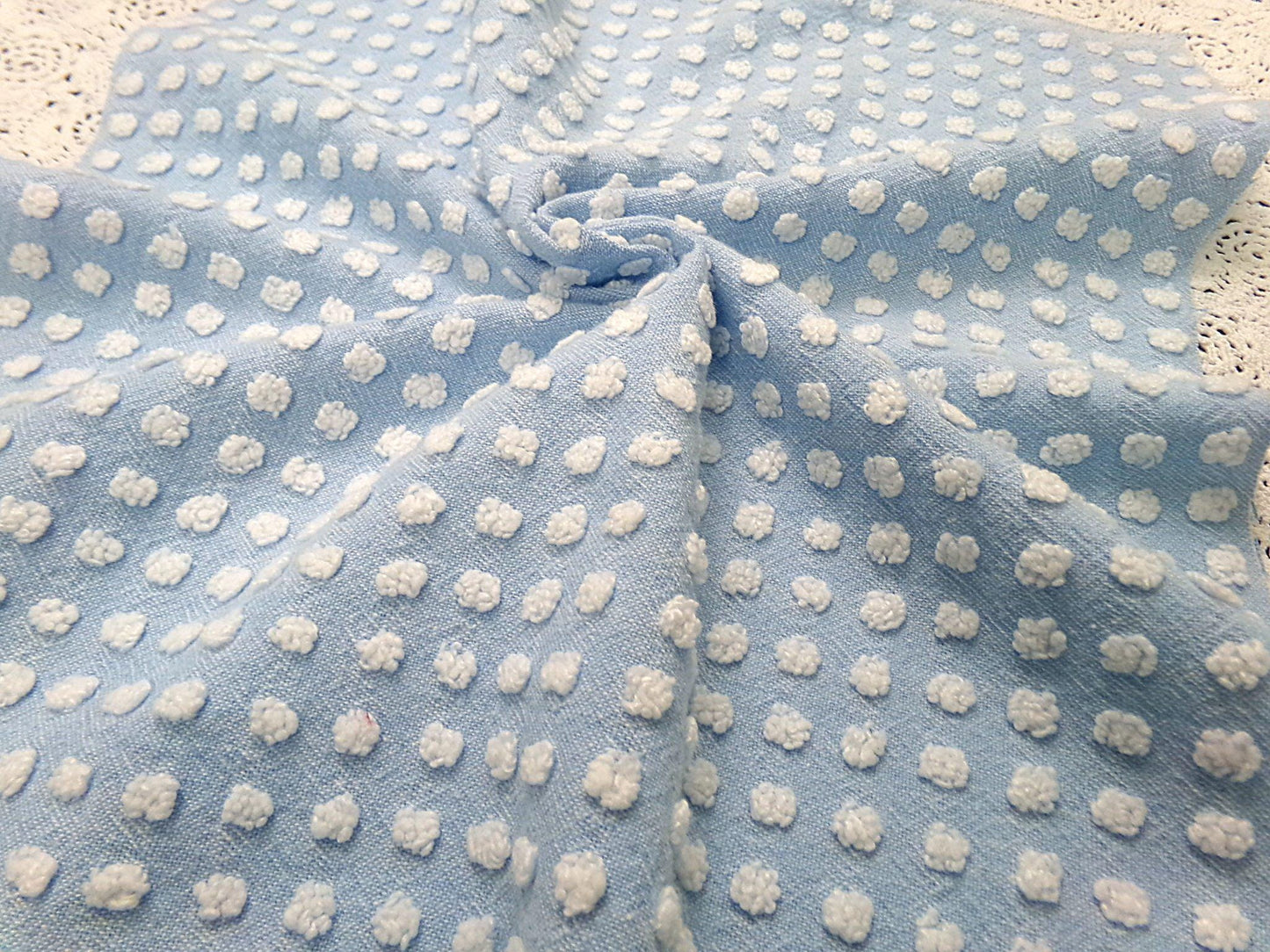 Vintage Chenille Bedspread Fabric Bubble White Pops Sky Blue 18x24" Quilt Material