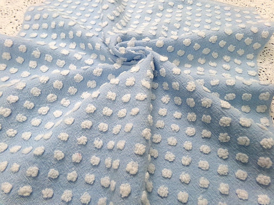 Vintage Chenille Bedspread Fabric Bubble White Pops Sky Blue 18x24" Quilt Material