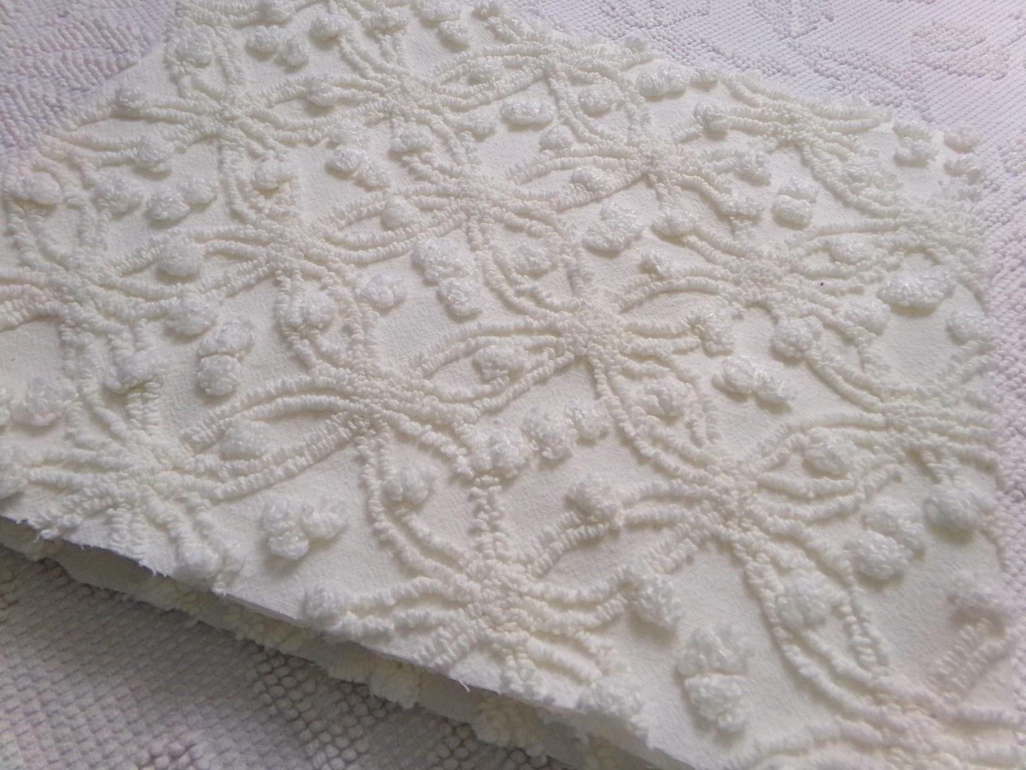 Winter White Snowflakes Vintage Chenille Fabric, neutral tufted pops sewing craft quilt material, 18" x 24" piece