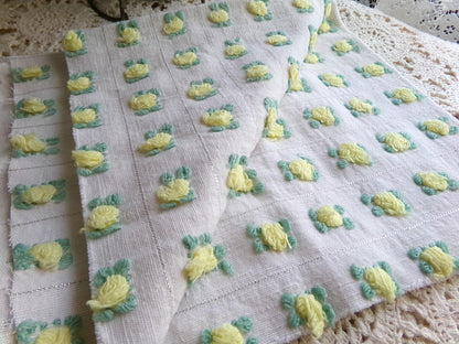 vibrant yellow rosebud vintage chenille fabric, Bates rose design silver lurex 18" x 21" piece