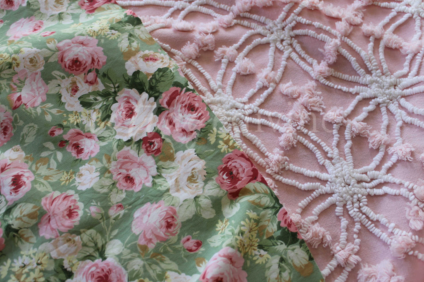 Cottage Coordinated Vintage Fabric Bundle: Gorgeous Plush Tufted Chenille Piece & Mint Green Cabbage Rose Cotton Fabric, for Quilts, Crafts