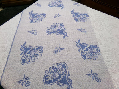 Vintage Woven Reversible Fabric Cabbage Rose Floral Blue White Cottage Chic 22x30