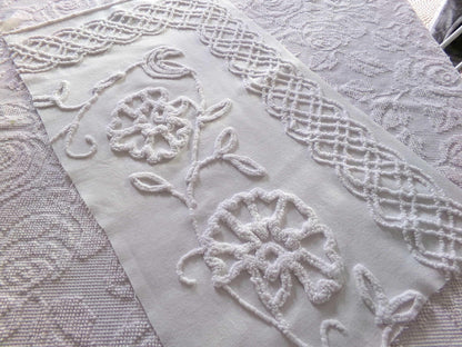 sophisticated white floral vintage chenille fabric, cotton sewing material, 15" x 27" inch piece for crafts & quilting
