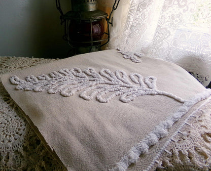 falling leaves vintage chenille fabric, 24" x 21" inch piece, simple shabby needletuft large leaf design on mocha cotton