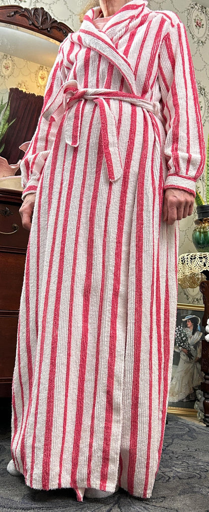 Vintage Chenille Robe Red & White Candy Stripe, Full Length Women’s Small Bathrobe