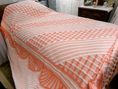 creamsicle vintage chenille bedspread, peach & white optic geometric, cotton full size bedding