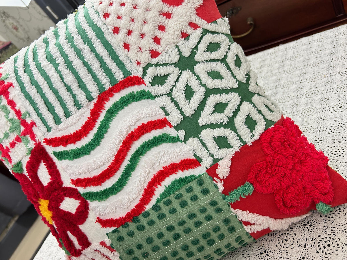 Vintage Christmas Chenille Pillow Cover, 16" Square Reversible Holiday Patchwork Design