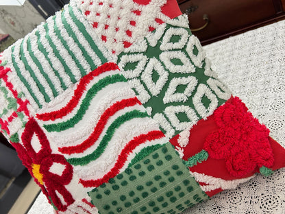 Vintage Christmas Chenille Pillow Cover, 16" Square Reversible Holiday Patchwork Design