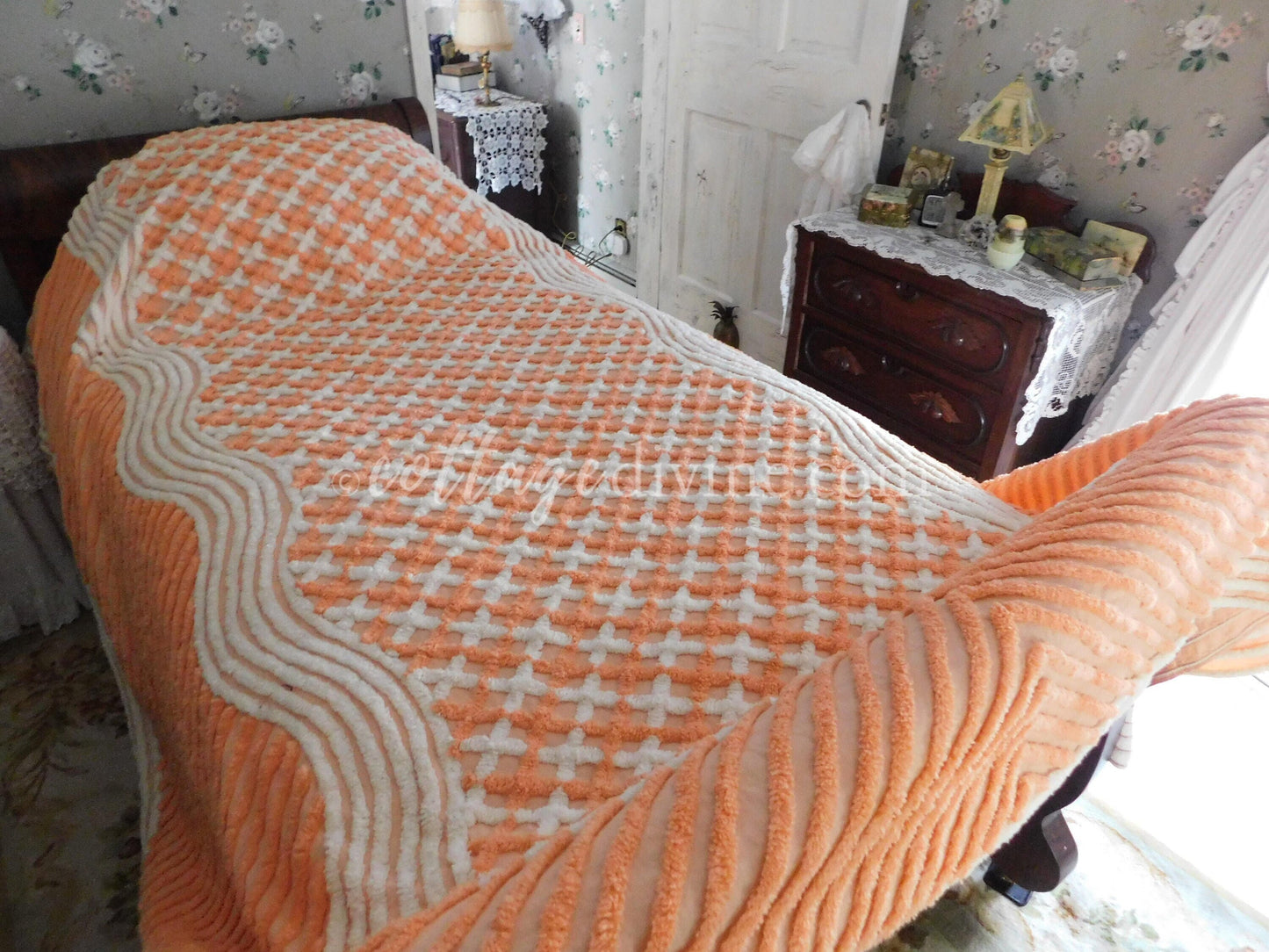Peach Creamsicle Vintage Chenille Bedspread, 100% Plush Cotton, Twin Size Cotton Bedding