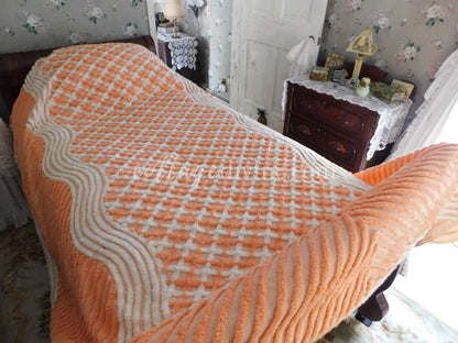 Peach Creamsicle Vintage Chenille Bedspread, 100% Plush Cotton, Twin Size Cotton Bedding