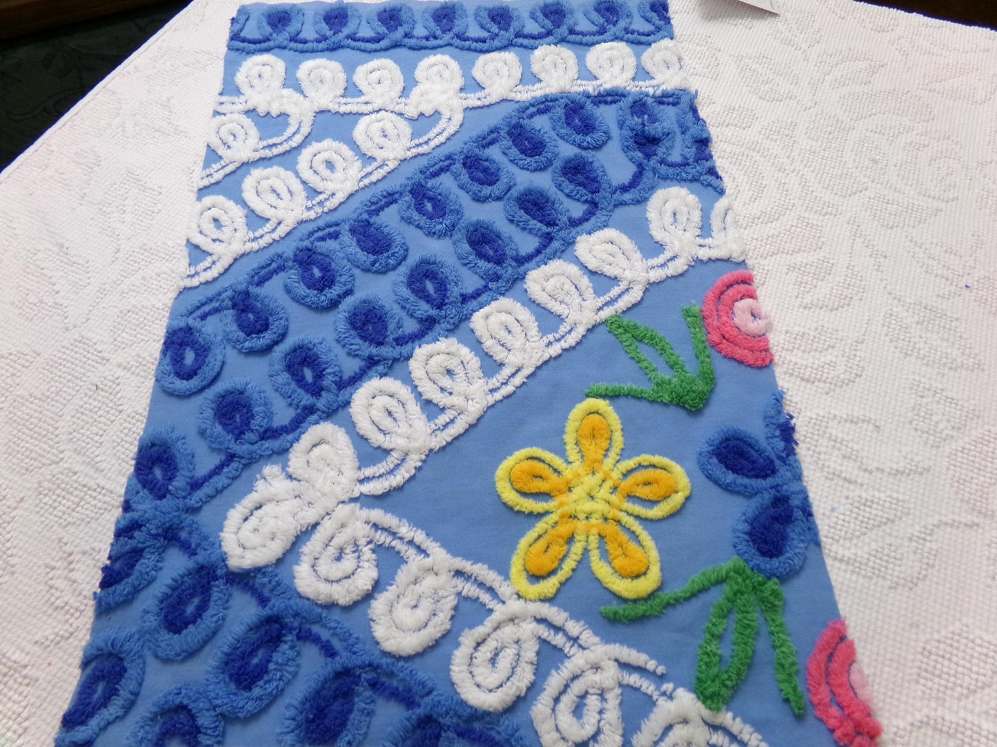 vintage shabby chenille bedspread fabric, abstract floral blue & white swirls, 14" x 22" piece