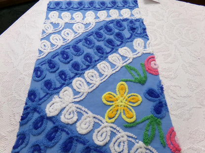 vintage shabby chenille bedspread fabric, abstract floral blue & white swirls, 14" x 22" piece