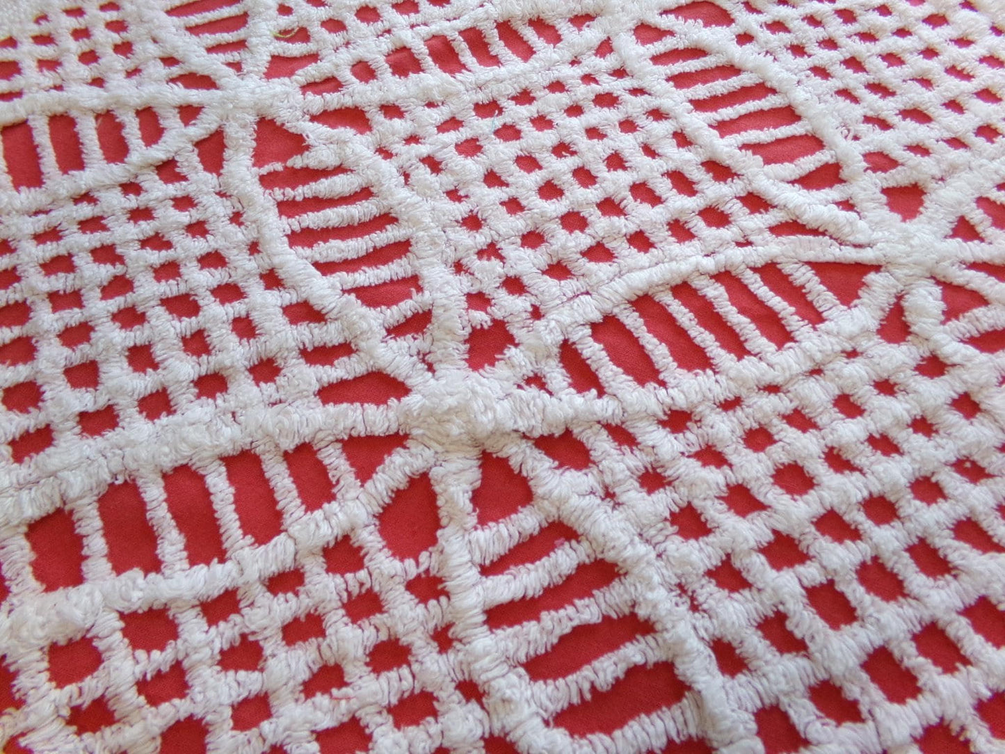 Red & White Vintage Chenille Fabric, Tufted Geometric 19x27" Sewing Material