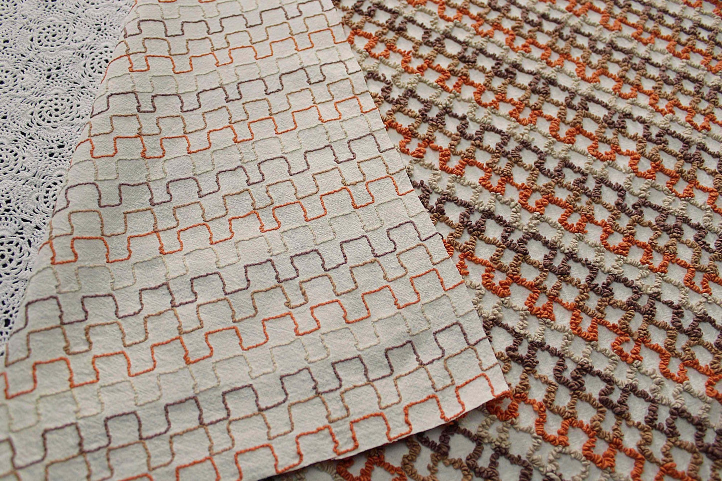 best boho colors vintage chenille fabric, fun pattern for small totes & bags, 20" x 24" inch piece, orange, mocha, chocolate, sand colors