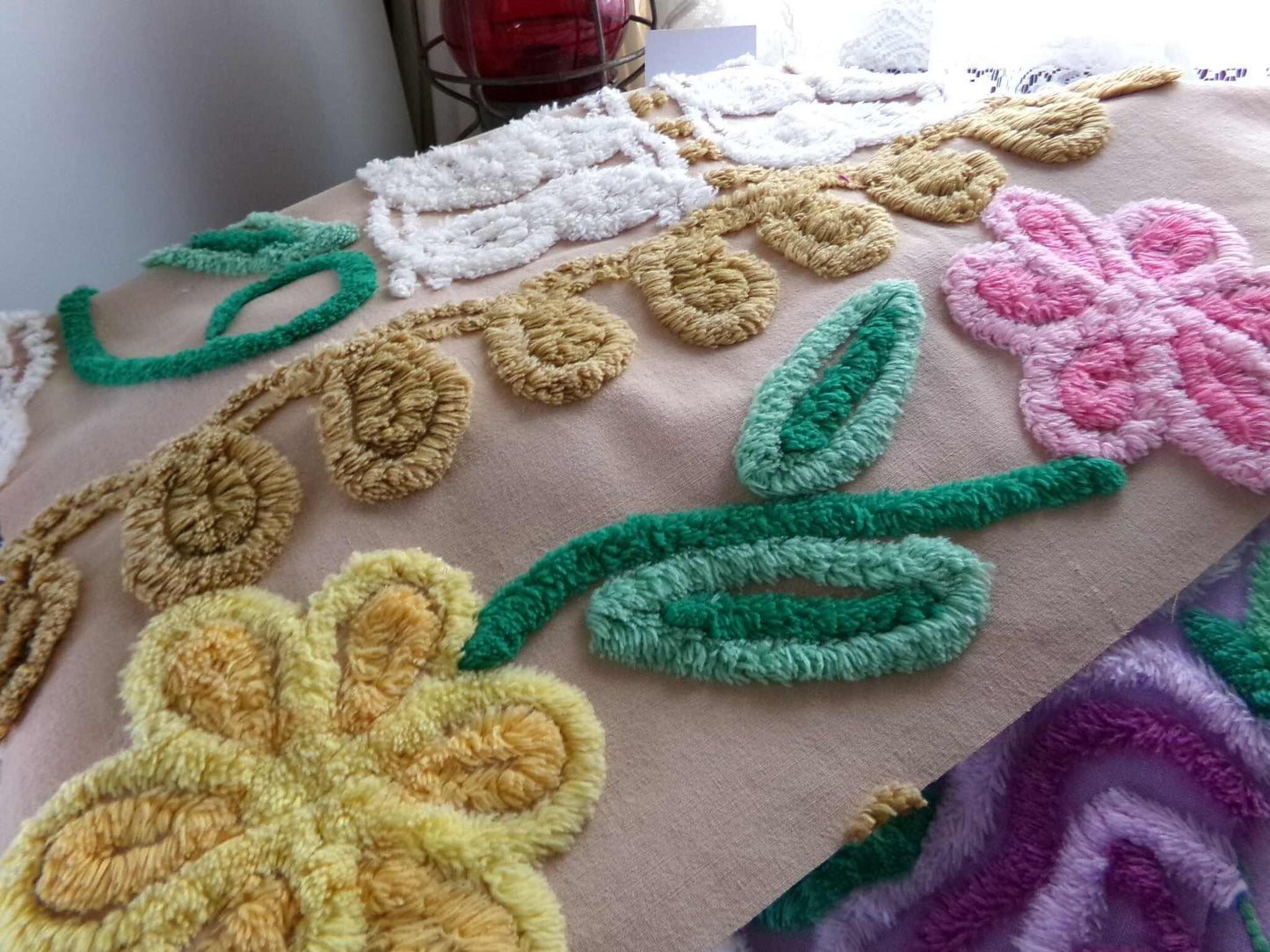 Caramel Honey Vintage Chenille Fabric, 16.5" x 19.5" inch Piece, Boho Floral Material for Pillows, Wall Hangings, Crafts