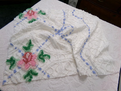 shabby romantic vintage chenille bedspread fabric, pink rose quilt material, 26" x 30" piece