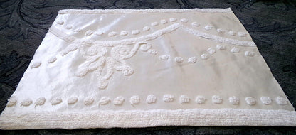 Vintage White Satin Chenille Bedspread Fabric, Shabby Chic 19x25" Piece