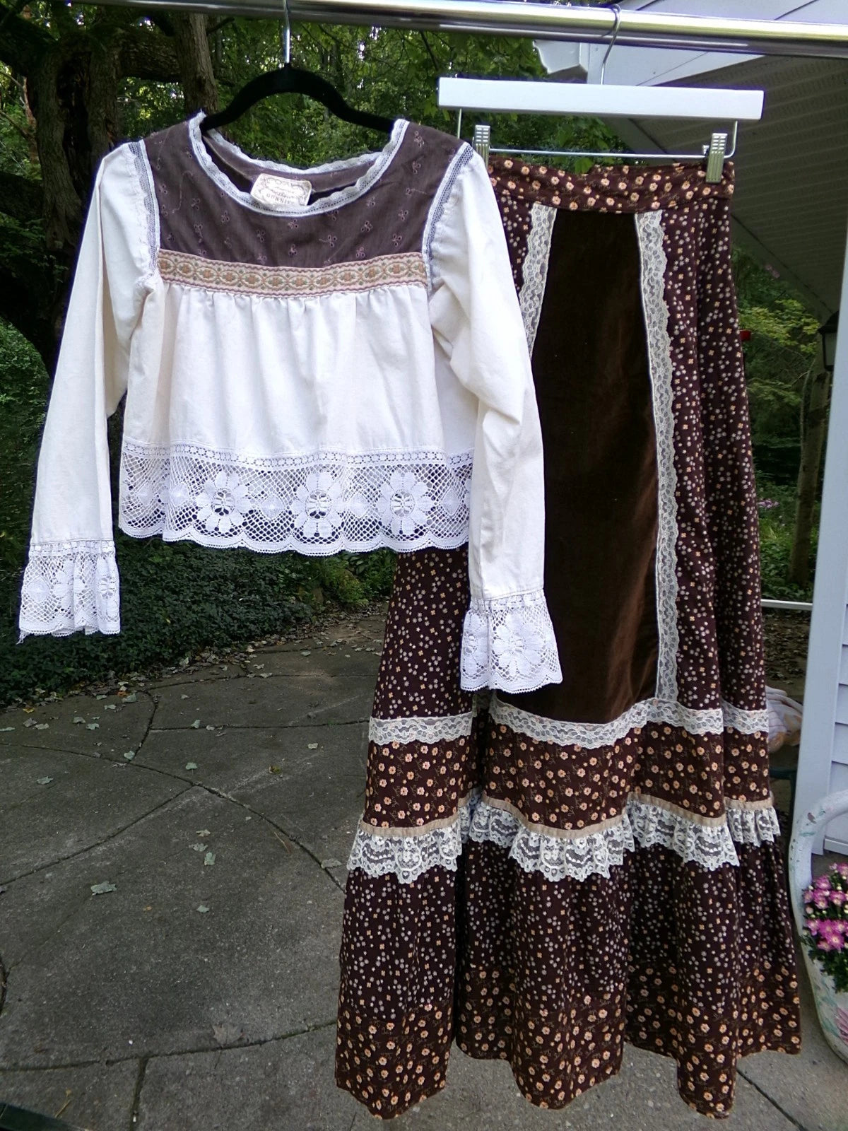 Vtg Gunne Sax Maxi Skirt Set Velvet Accent & Boho Crop Top Blouse w/ Embroidery
