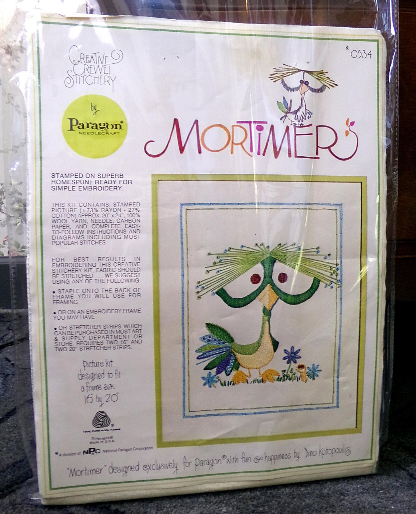 MORTIMER Bird Crewel Embroidery Kit, Rare Vintage Paragon Needlecraft 0534, Kitschy Cute Dino Kotopoulis Design