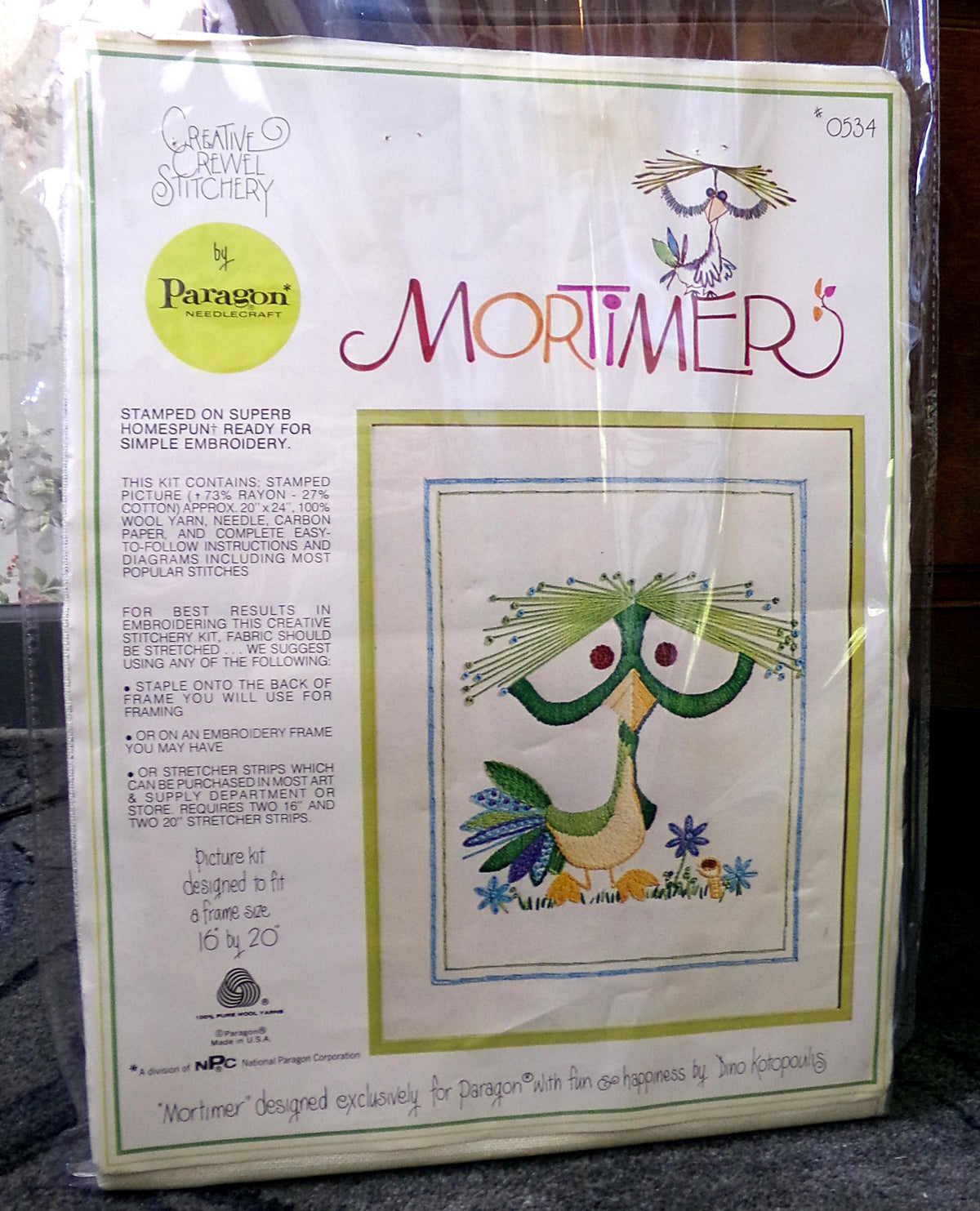 MORTIMER Bird Crewel Embroidery Kit, Vintage Paragon 0534 Stitchery Dino Kotopoulis