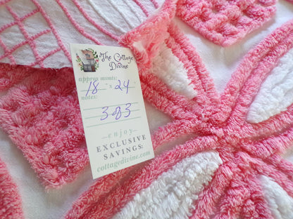 Super Plush Pink & White Chenille Fabric, 18" x 24"-inch Piece, Geometric Print, Vintage 100% Cotton