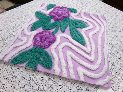 Violet Roses Vintage Chenille Bedspread Fabric 16x32" Sweeping White Waves